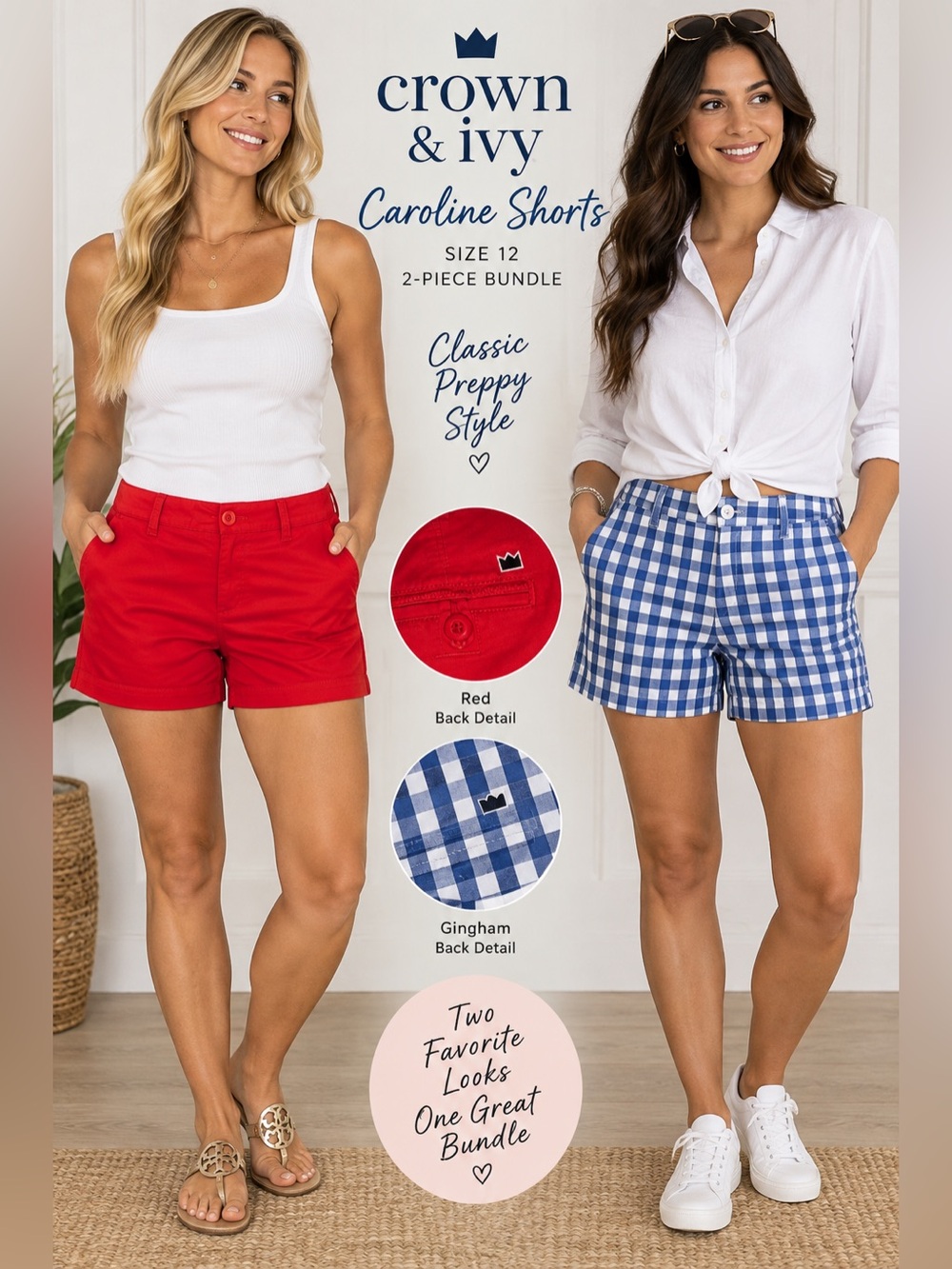 Crown & Ivy Caroline Shorts Bundle Size 12 Red + Blue Gingham